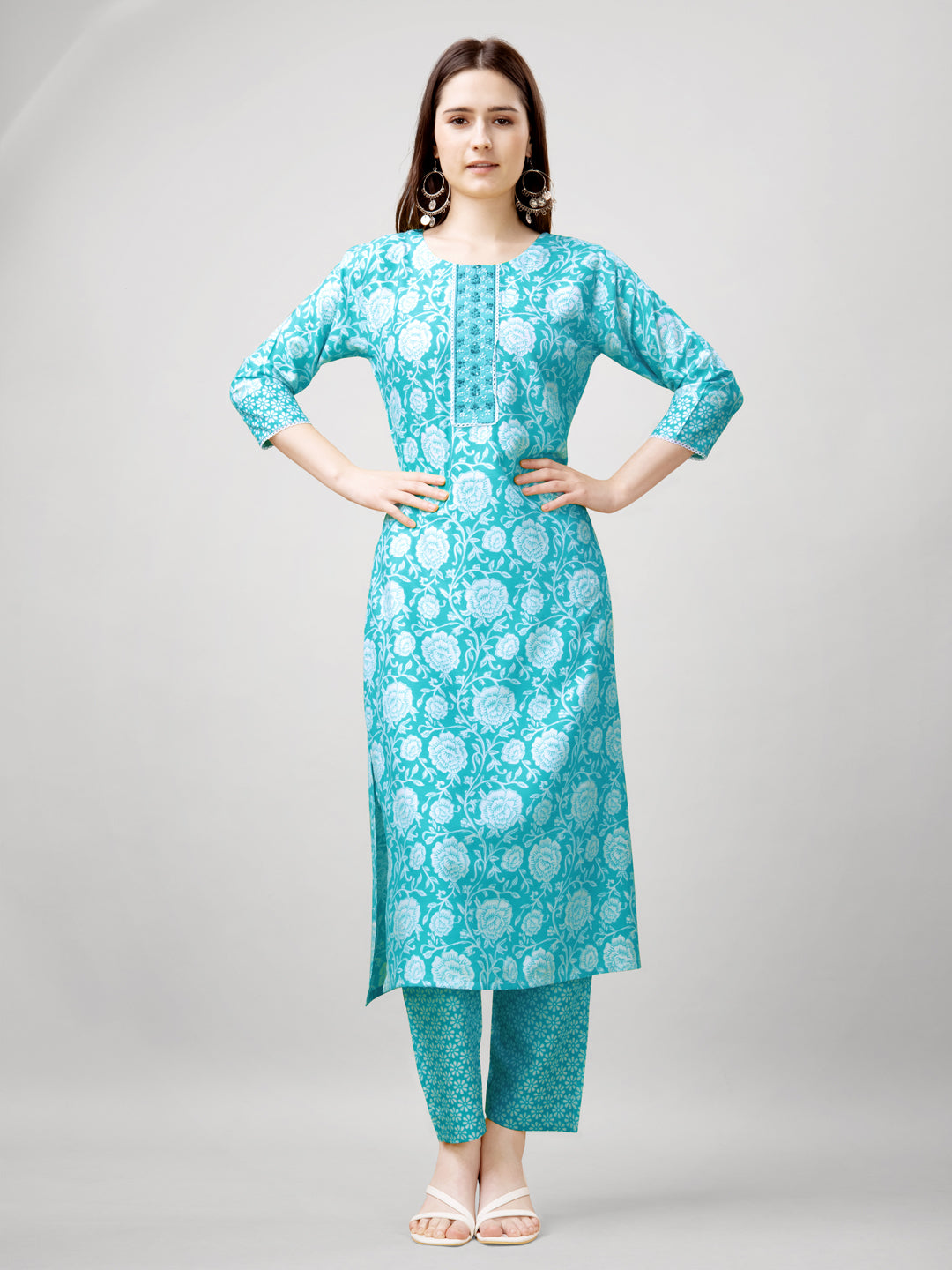 Printed Embroidered Sky Blue Rayon Kurta Sets For Women