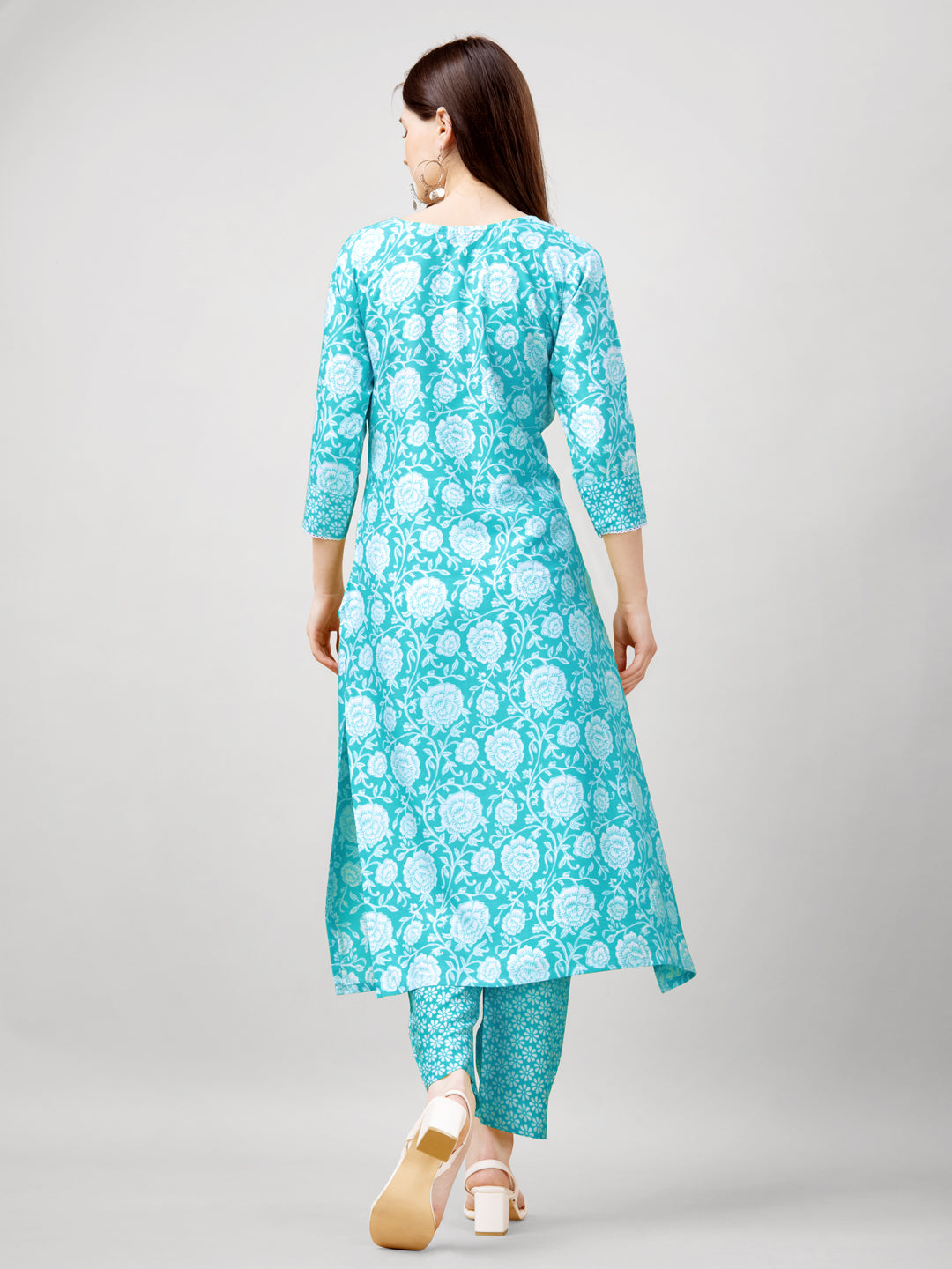 Printed Embroidered Sky Blue Rayon Kurta Sets For Women