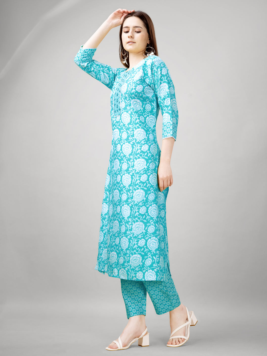 Printed Embroidered Sky Blue Rayon Kurta Sets For Women