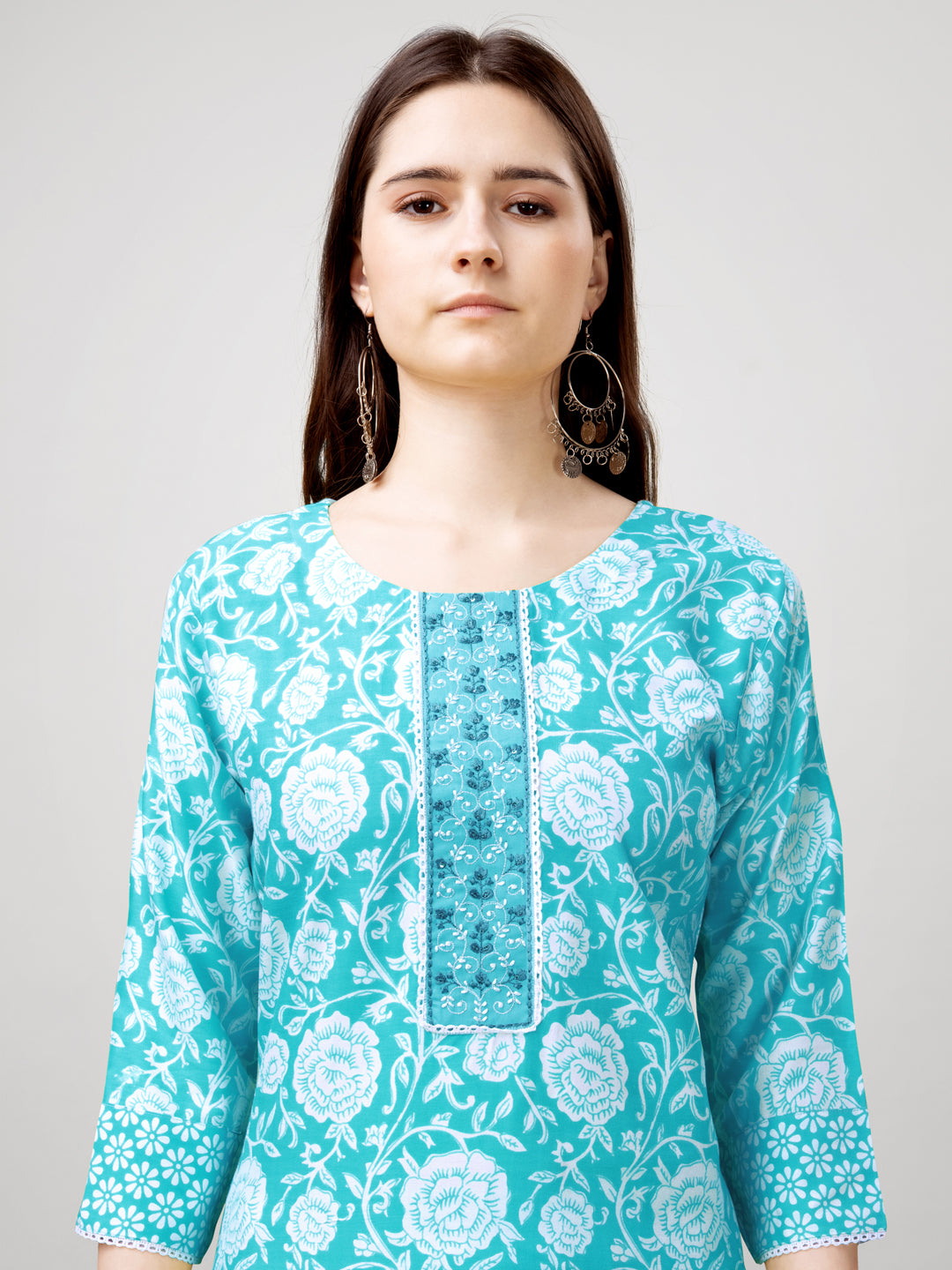 Printed Embroidered Sky Blue Rayon Kurta Sets For Women