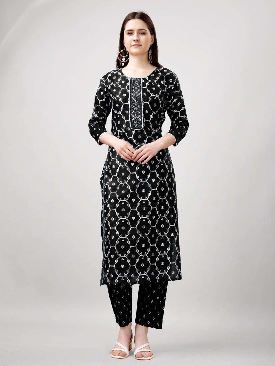 Printed Embroidered Black Rayon Kurta Sets For Women