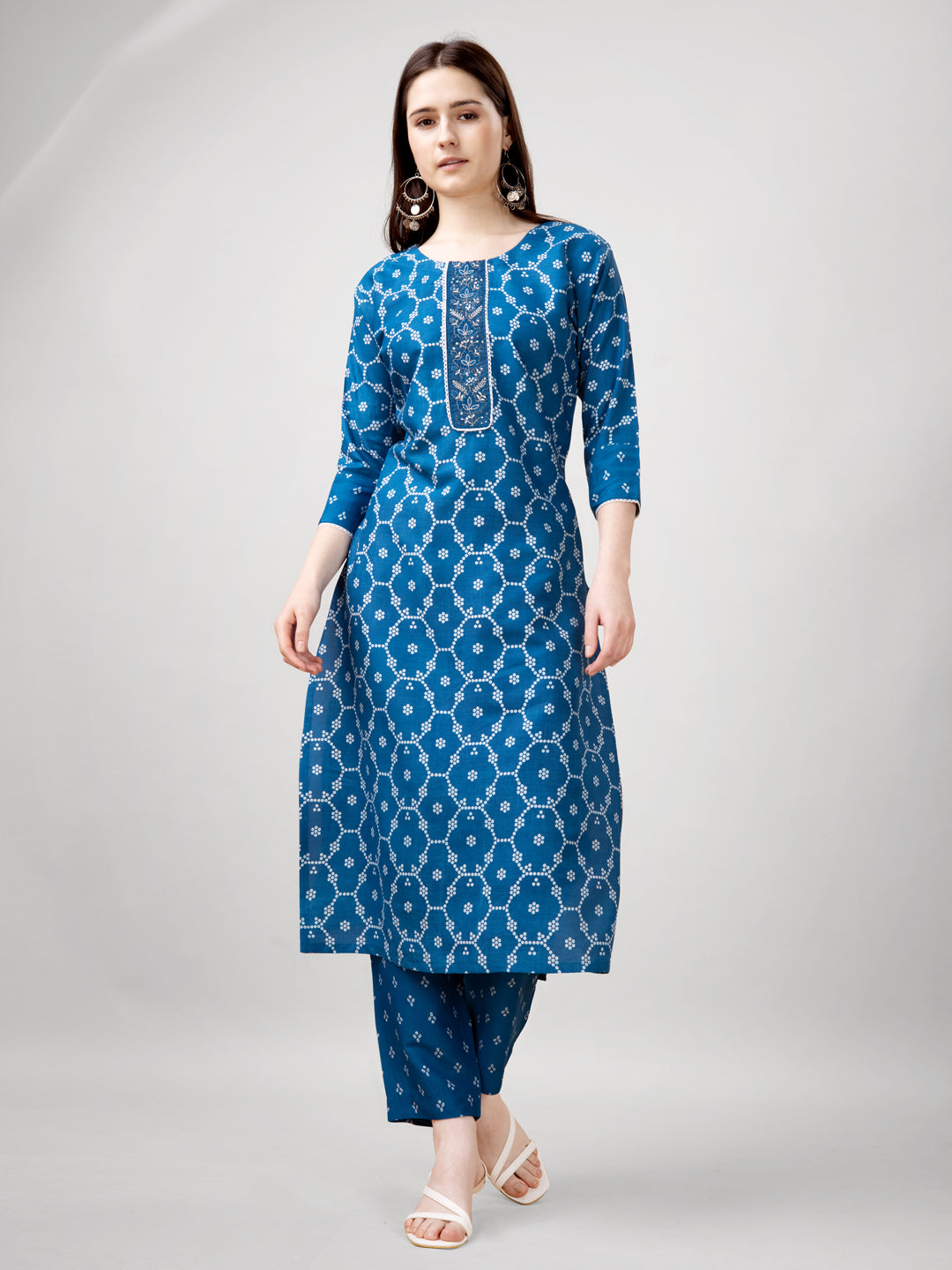 Printed Embroidered Blue Rayon Kurti Pant Sets For Women