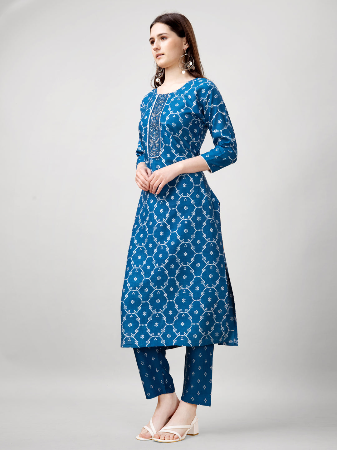 Printed Embroidered Blue Rayon Kurti Pant Sets For Women