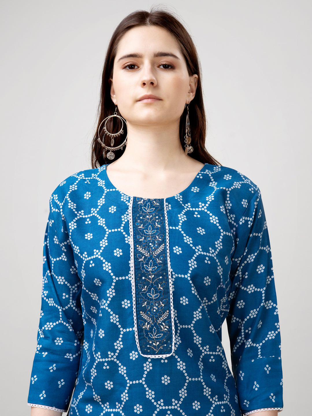 Printed Embroidered Blue Rayon Kurti Pant Sets For Women