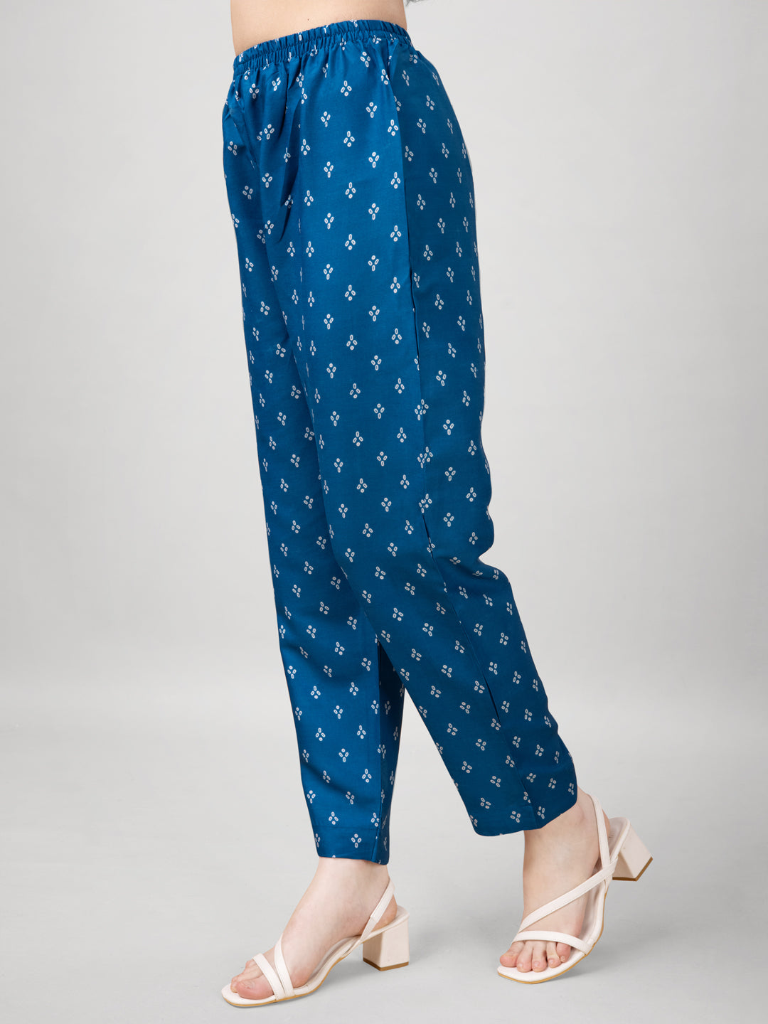 Printed Embroidered Blue Rayon Kurti Pant Sets For Women