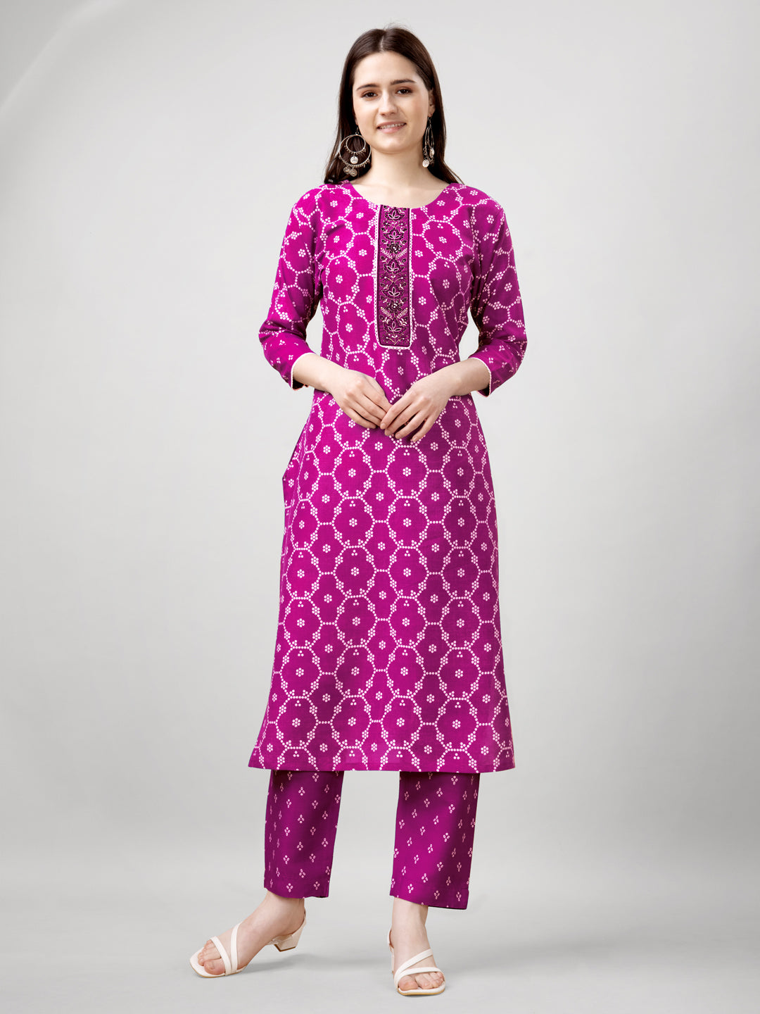 Printed Embroidered Pink Rayon Kurta Sets For Women