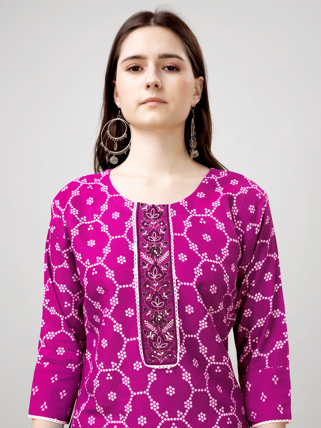 Printed Embroidered Pink Rayon Kurta Sets For Women