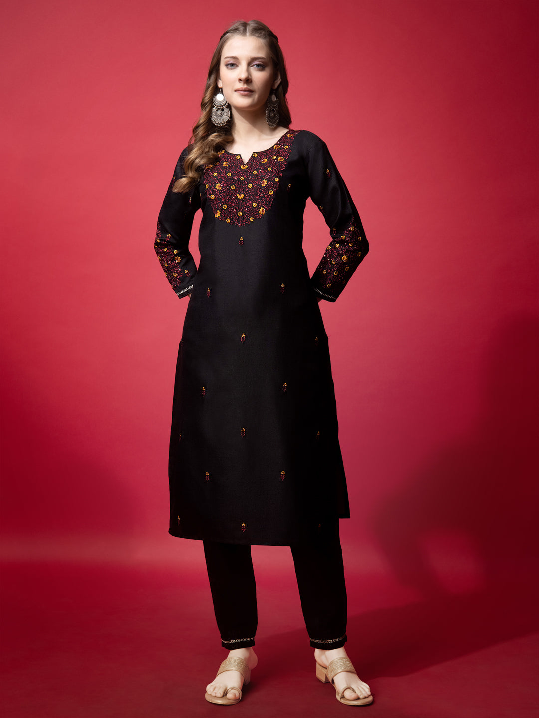 Embroidered Black Cotton Kurta Sets For Women