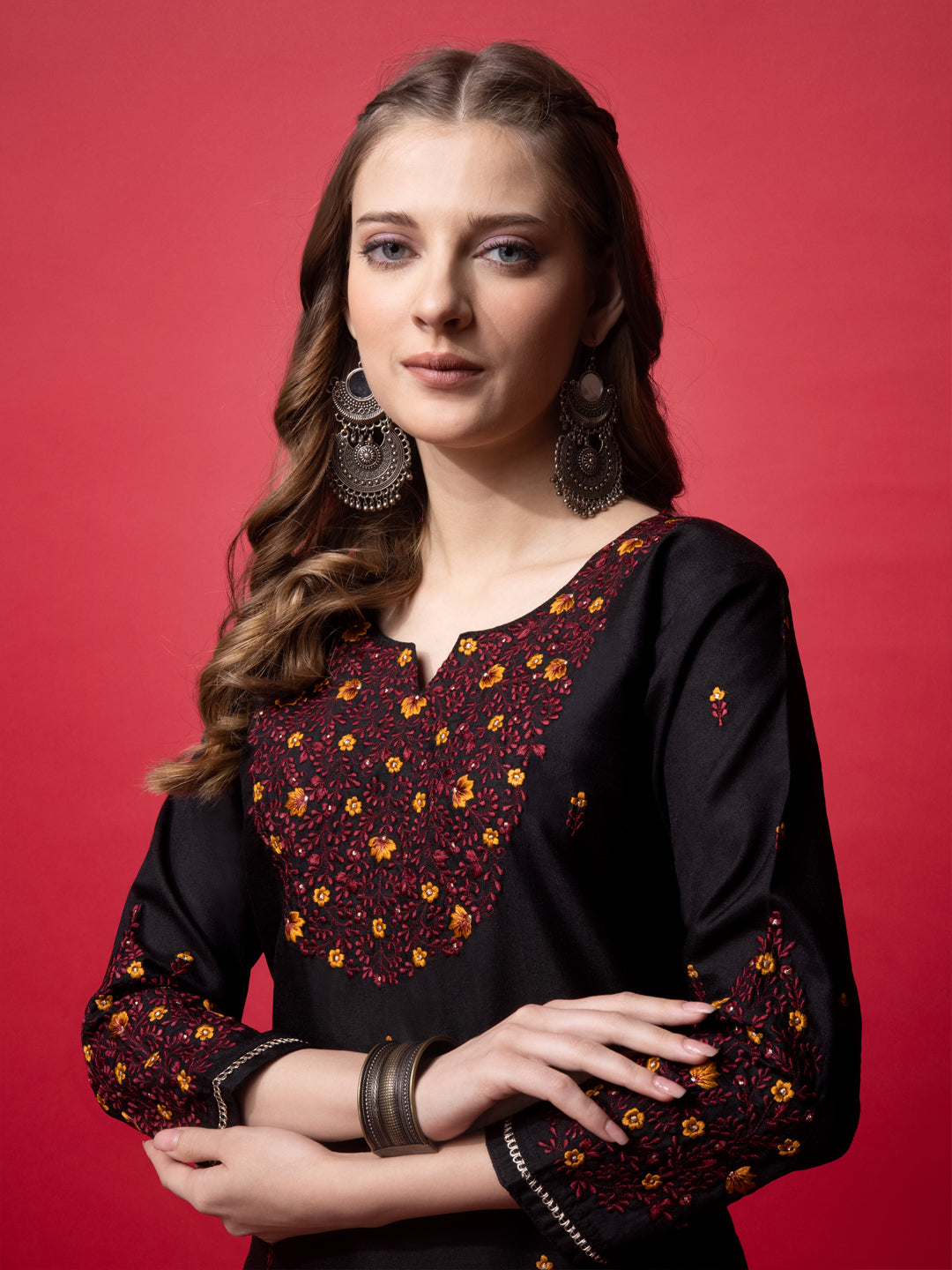 Embroidered Black Cotton Kurta Sets For Women