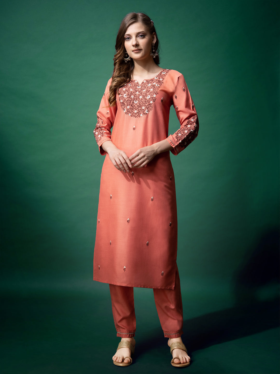 Embroidered Coral Cotton Kurti Pant Sets For Women