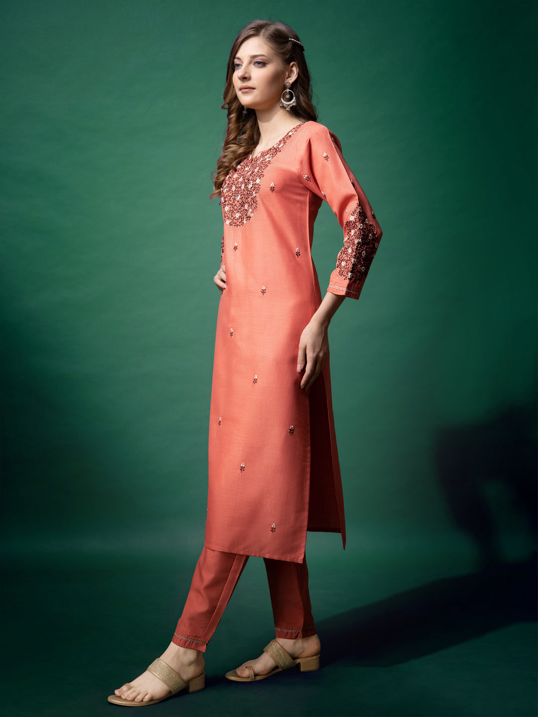 Embroidered Coral Cotton Kurti Pant Sets For Women