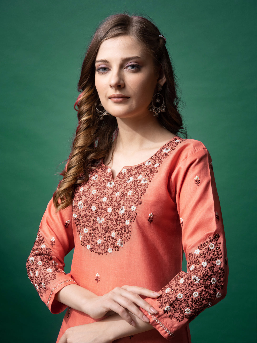 Embroidered Coral Cotton Kurti Pant Sets For Women