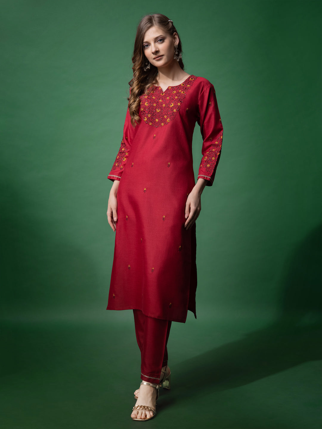 Embroidered Maroon Cotton Kurti Pant Sets For Women