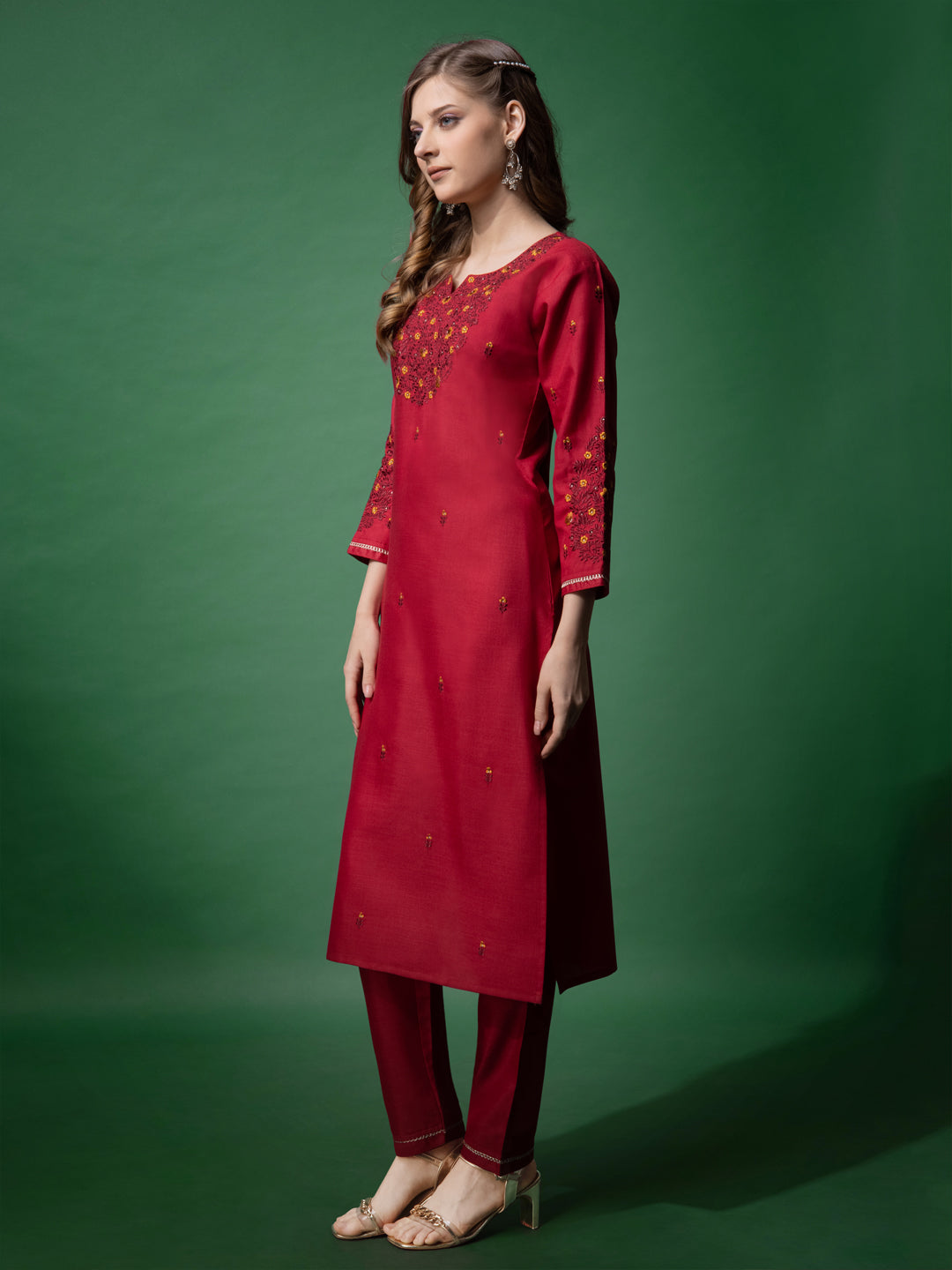 Embroidered Maroon Cotton Kurti Pant Sets For Women