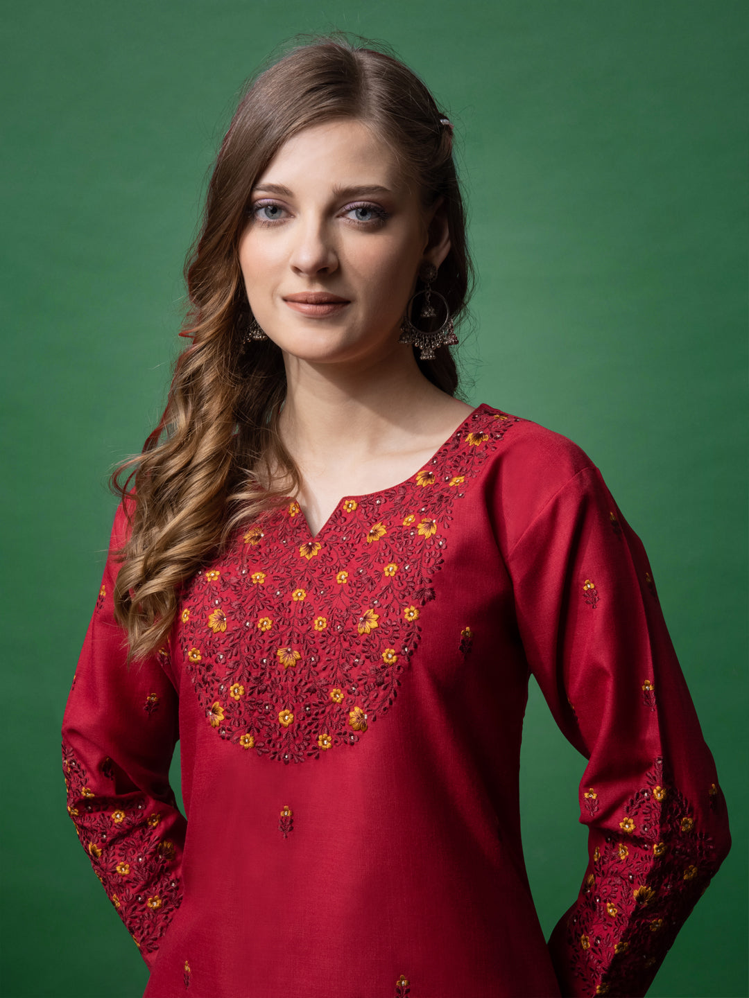 Embroidered Maroon Cotton Kurti Pant Sets For Women