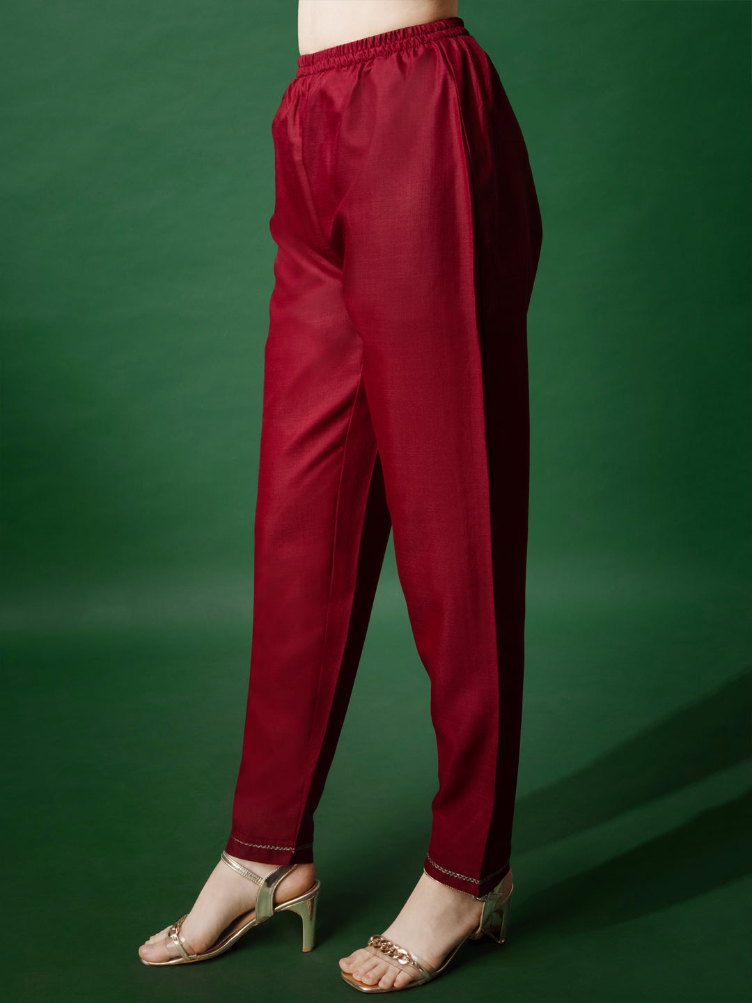 Embroidered Maroon Cotton Kurti Pant Sets For Women