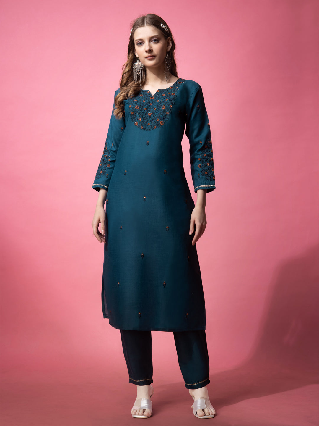 Embroidered Cotton Morpichh Blue Cotton Kurti Pant Sets For Women