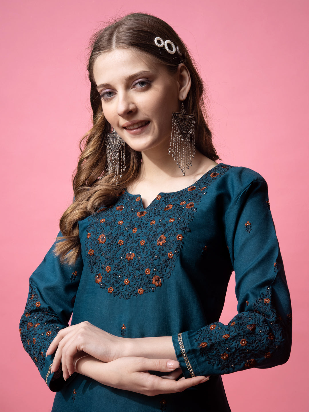 Embroidered Cotton Morpichh Blue Cotton Kurti Pant Sets For Women