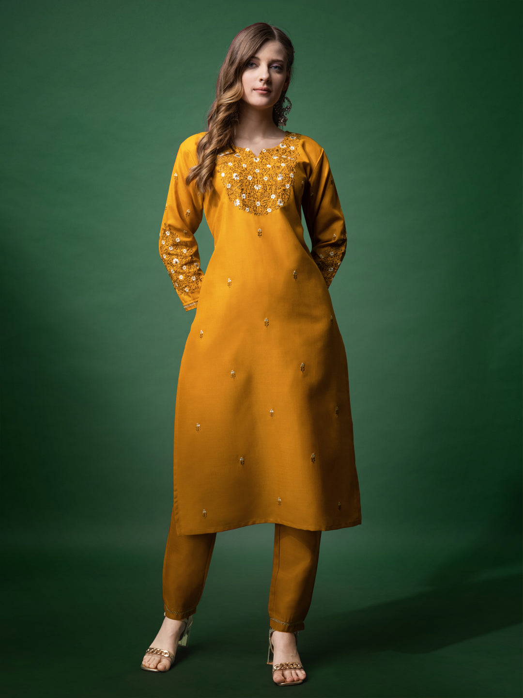 Embroidered Mustard Yellow Cotton Kurta Pant Sets For Women