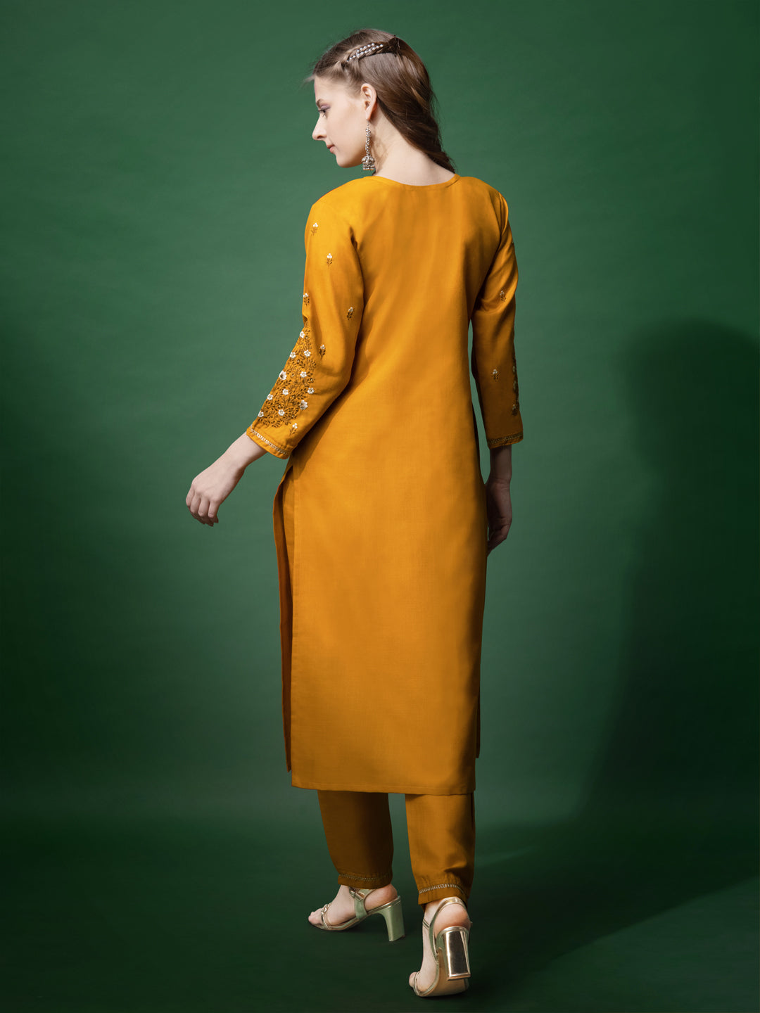 Embroidered Mustard Yellow Cotton Kurta Pant Sets For Women