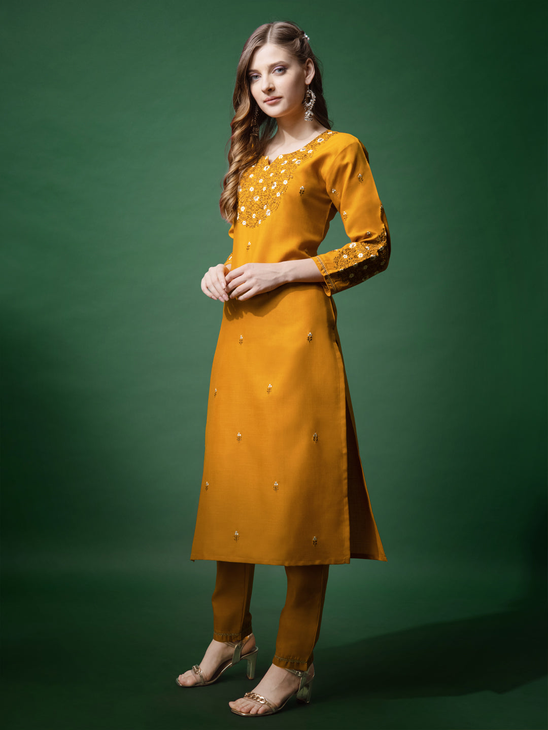 Embroidered Mustard Yellow Cotton Kurta Pant Sets For Women