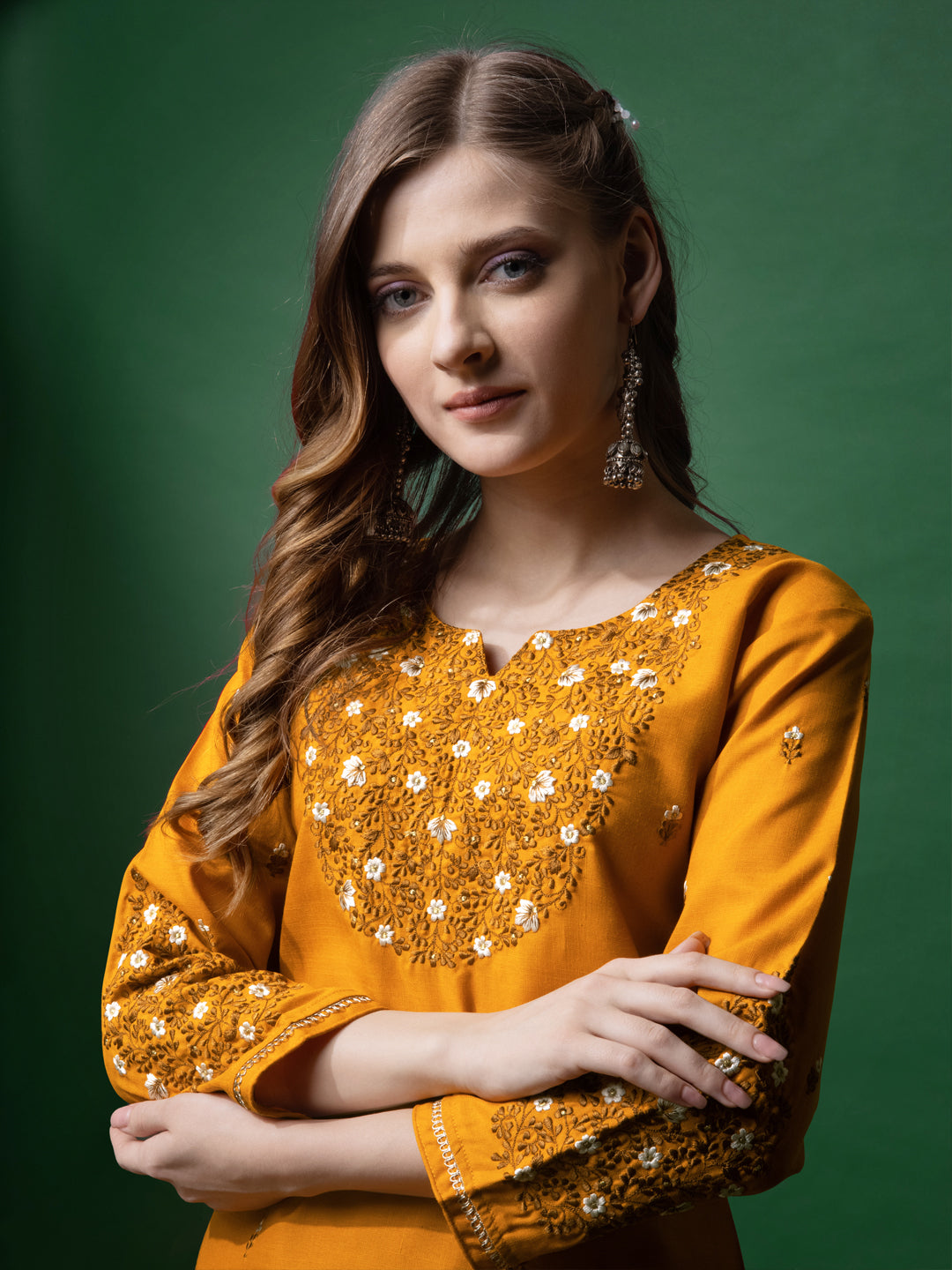 Embroidered Mustard Yellow Cotton Kurta Pant Sets For Women