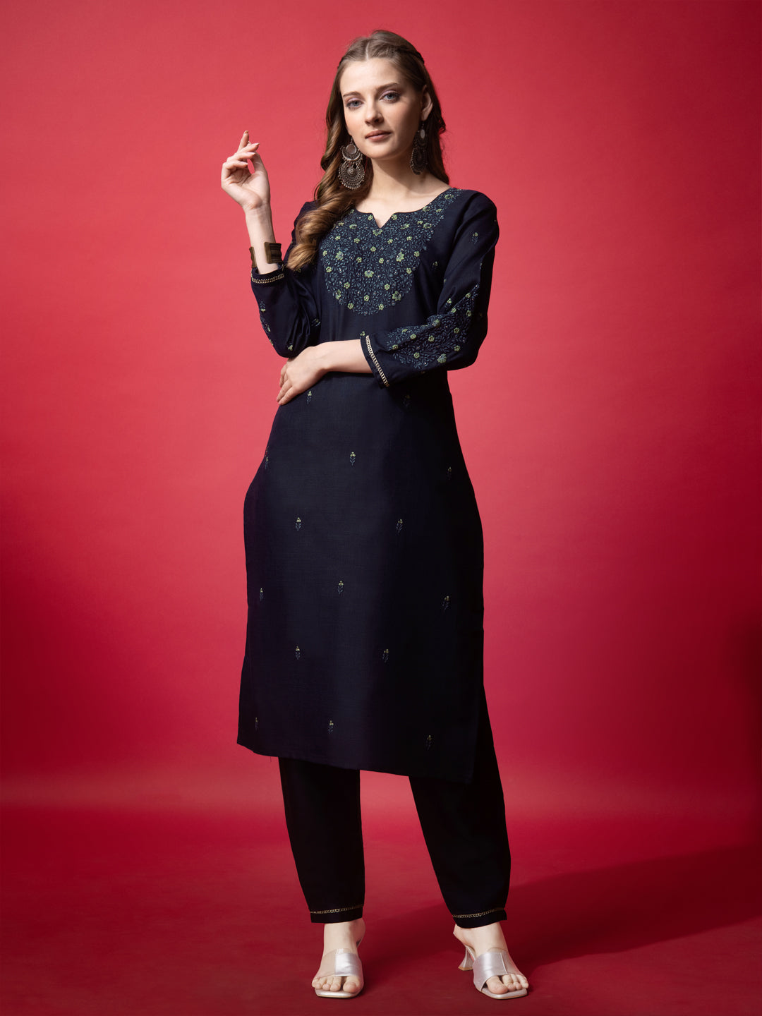 Embroidered Navy Blue Cotton Kurta Sets For Women