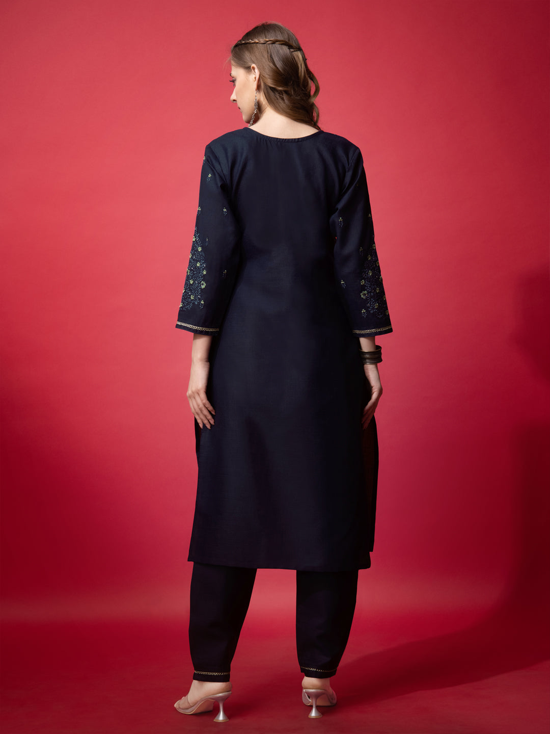 Embroidered Navy Blue Cotton Kurta Sets For Women