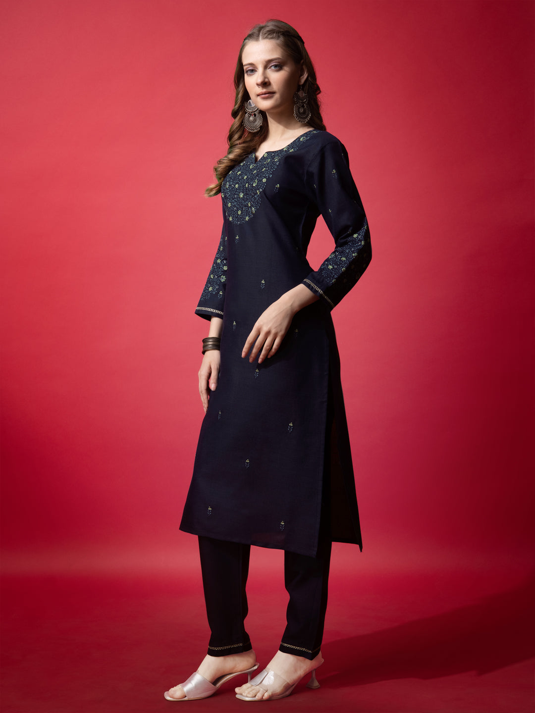 Embroidered Navy Blue Cotton Kurta Sets For Women