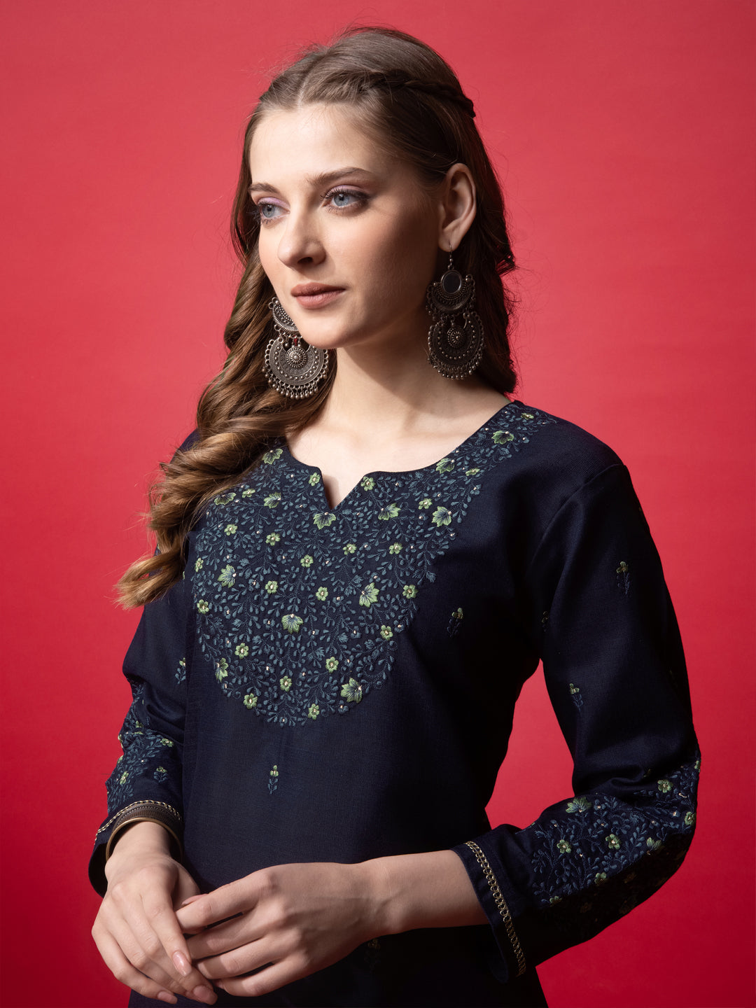 Embroidered Navy Blue Cotton Kurta Sets For Women