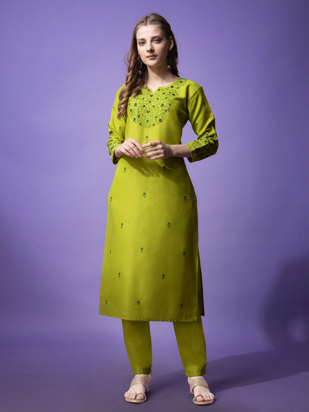 Embroidered Parrot Green Cotton Kurti Pant Sets For Women