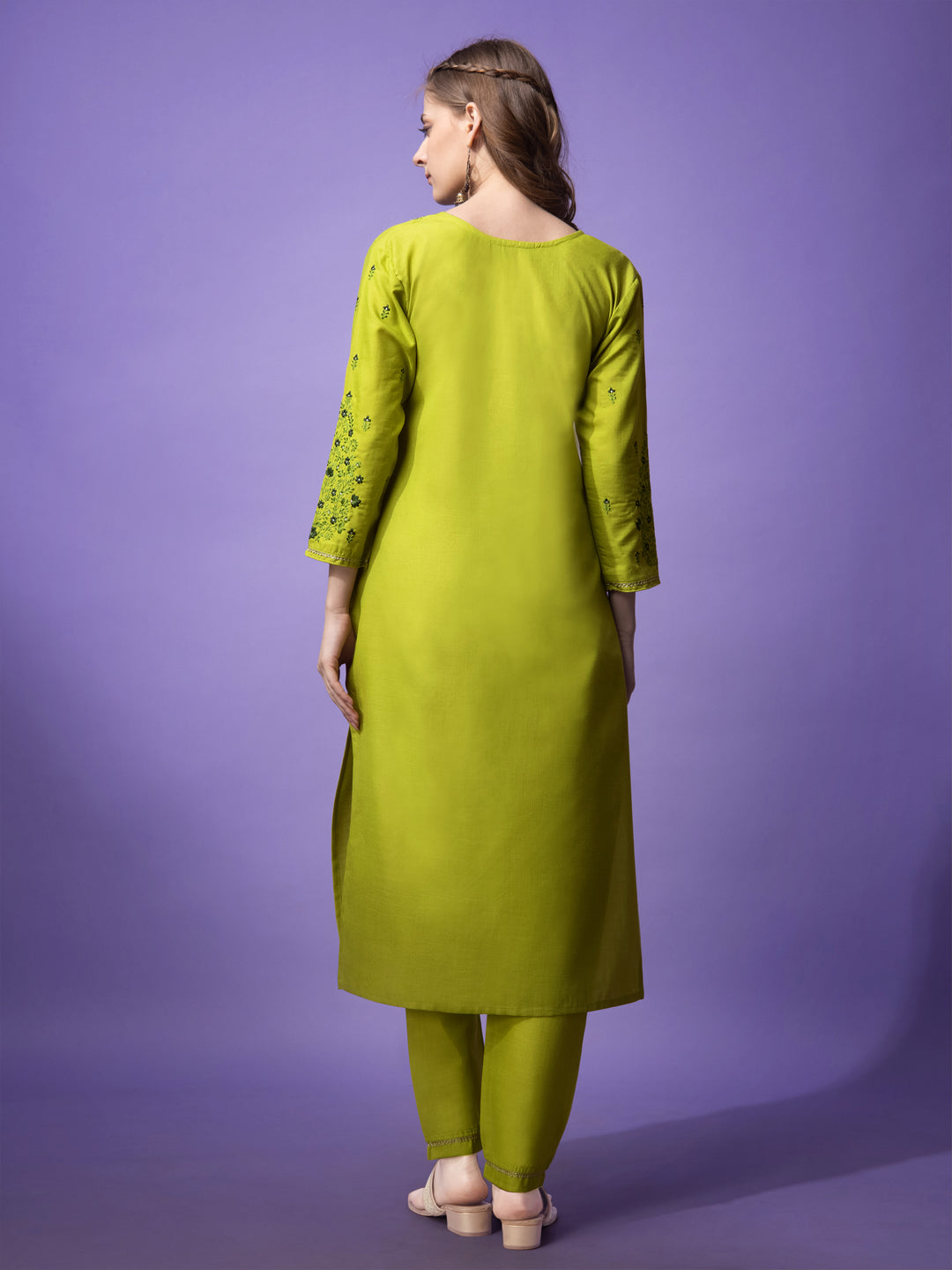 Embroidered Parrot Green Cotton Kurti Pant Sets For Women