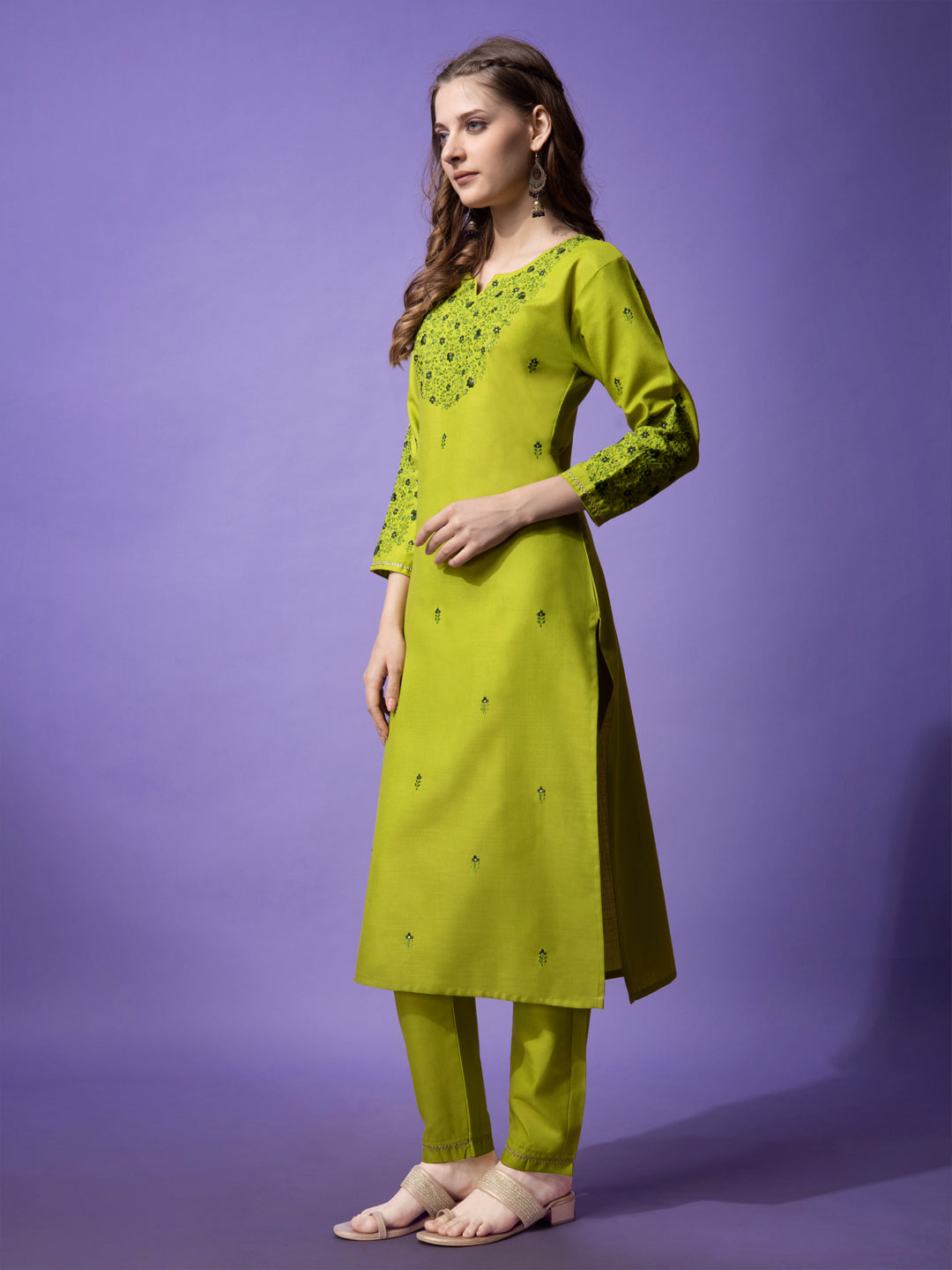 Embroidered Parrot Green Cotton Kurti Pant Sets For Women