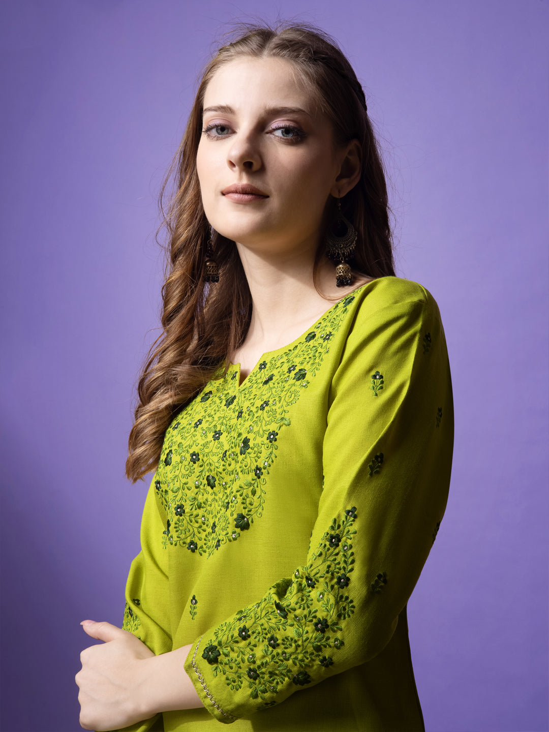 Embroidered Parrot Green Cotton Kurti Pant Sets For Women