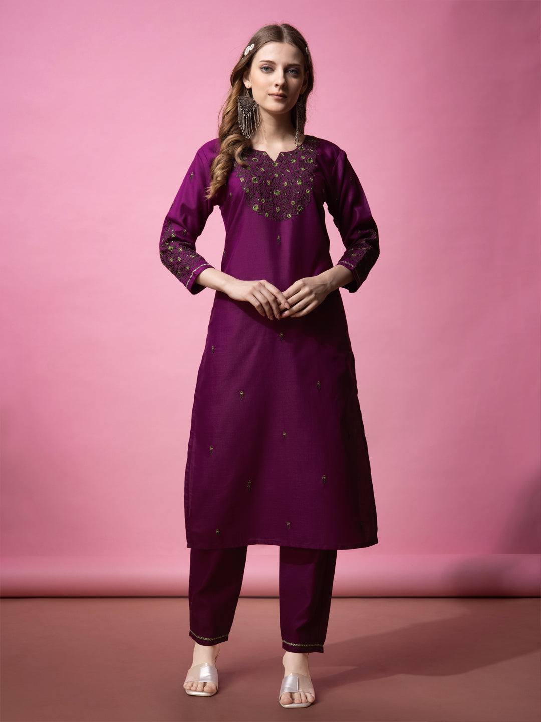 Embroidered Purple Cotton Kurti Pant Sets For Women