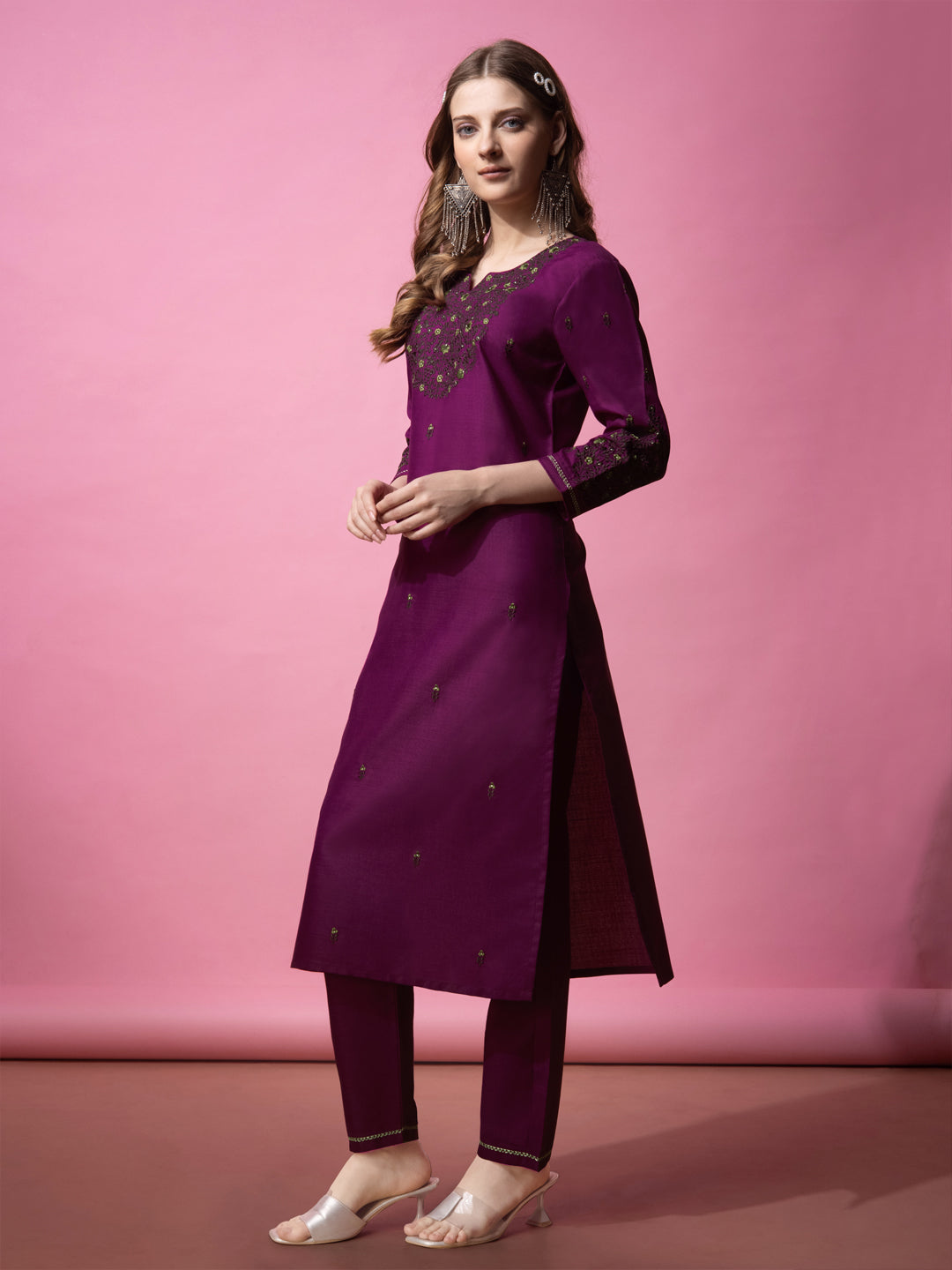 Embroidered Purple Cotton Kurti Pant Sets For Women