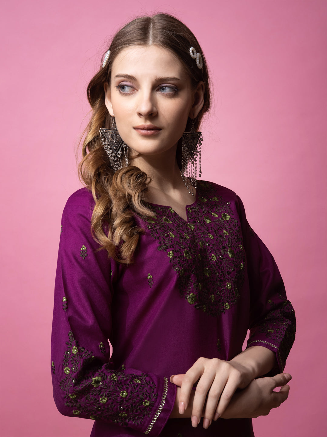 Embroidered Purple Cotton Kurti Pant Sets For Women