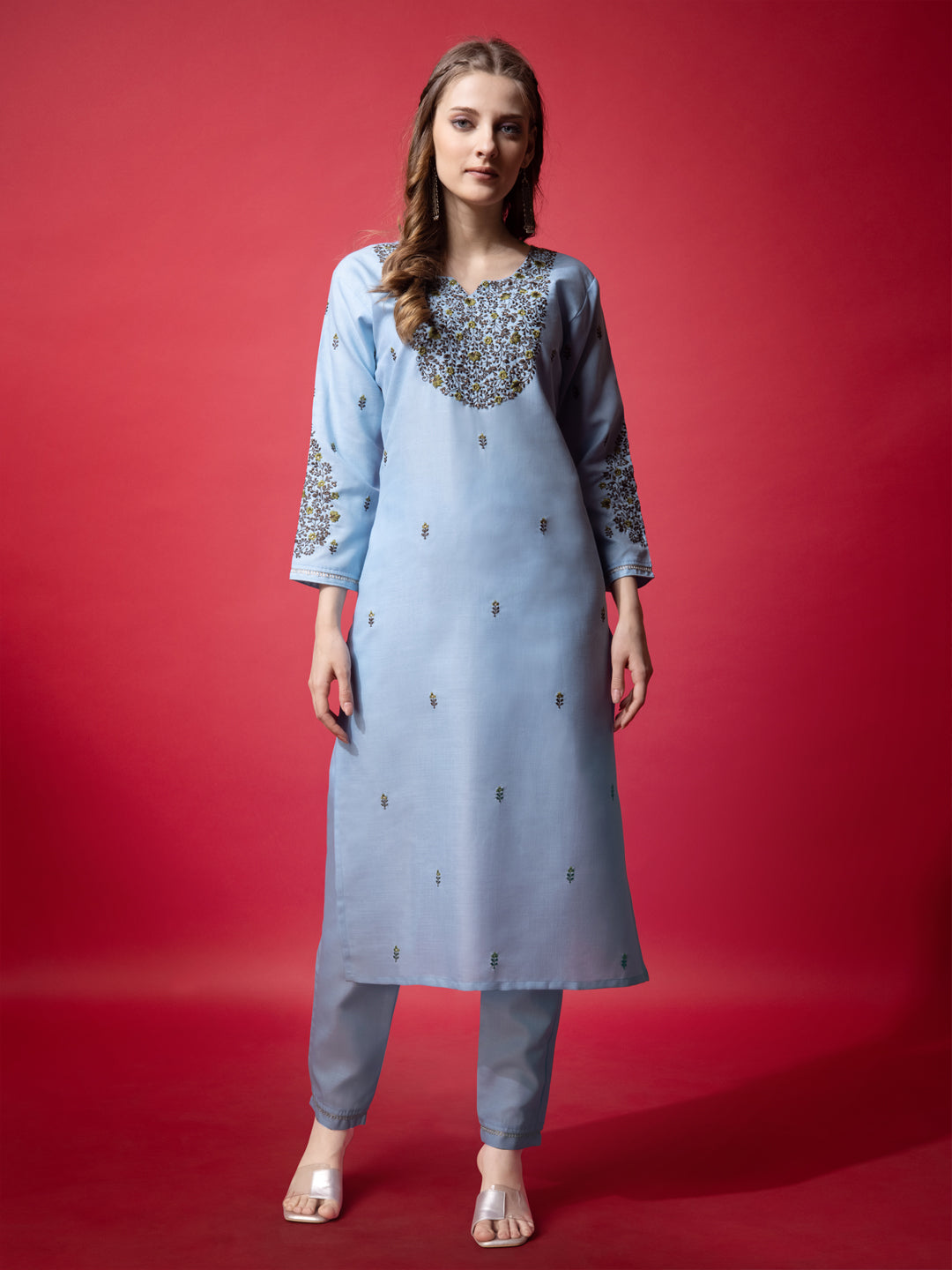 Embroidered Sky Blue Cotton Kurta Sets For Women