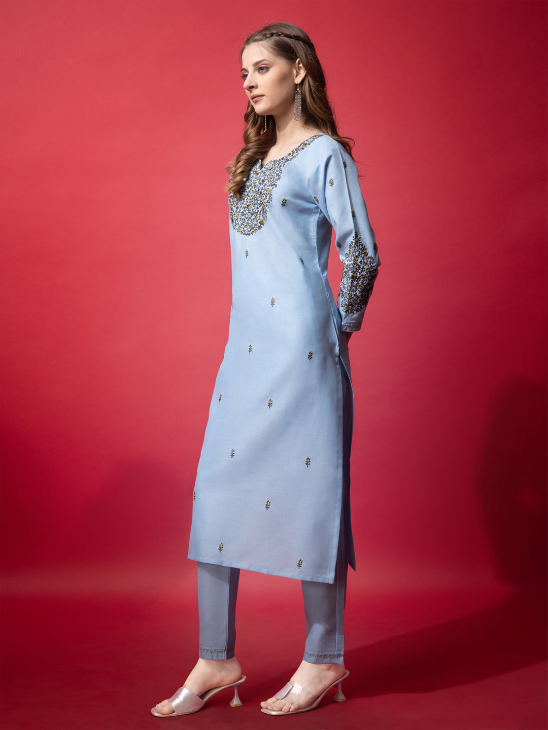 Embroidered Sky Blue Cotton Kurta Sets For Women