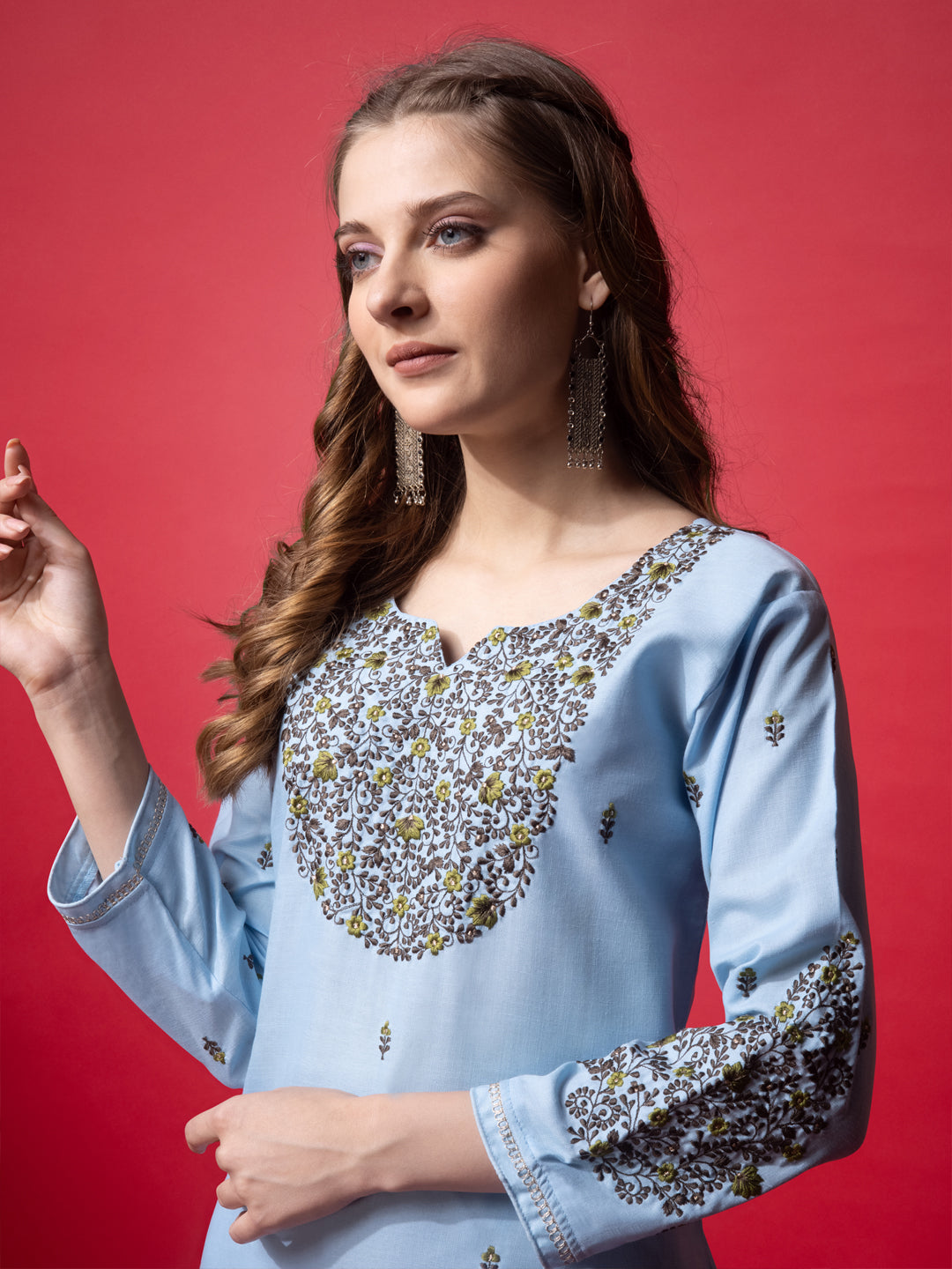 Embroidered Sky Blue Cotton Kurta Sets For Women