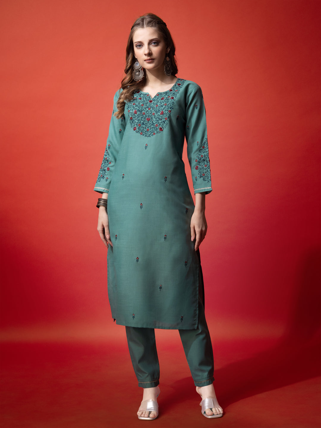 Embroidered Teal Cotton Kurti Pant Sets For Women