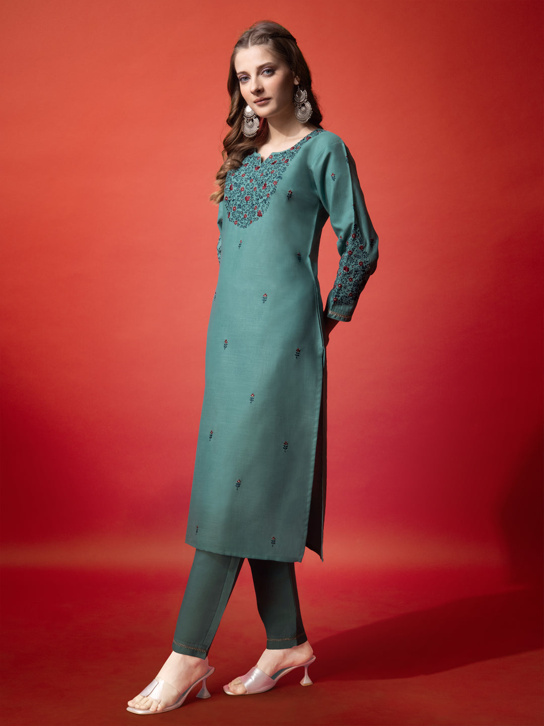 Embroidered Teal Cotton Kurti Pant Sets For Women