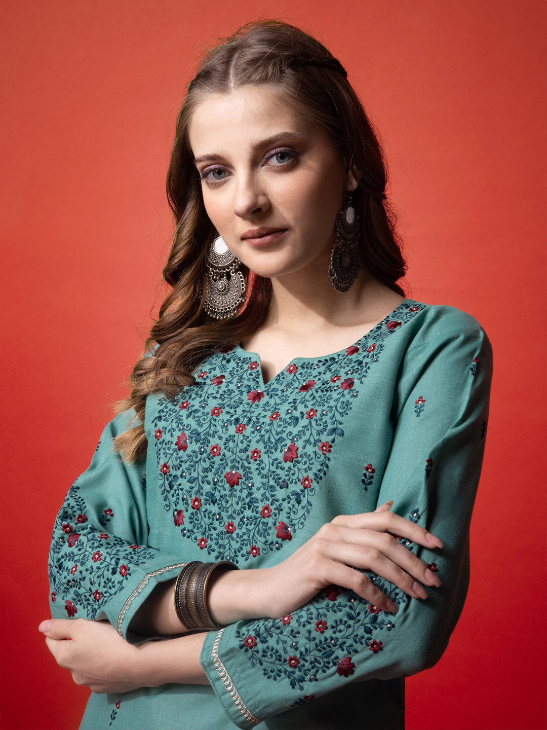 Embroidered Teal Cotton Kurti Pant Sets For Women