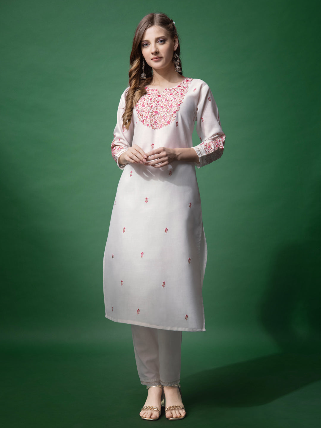 Embroidered White Cotton Kurta Pant Sets For Women