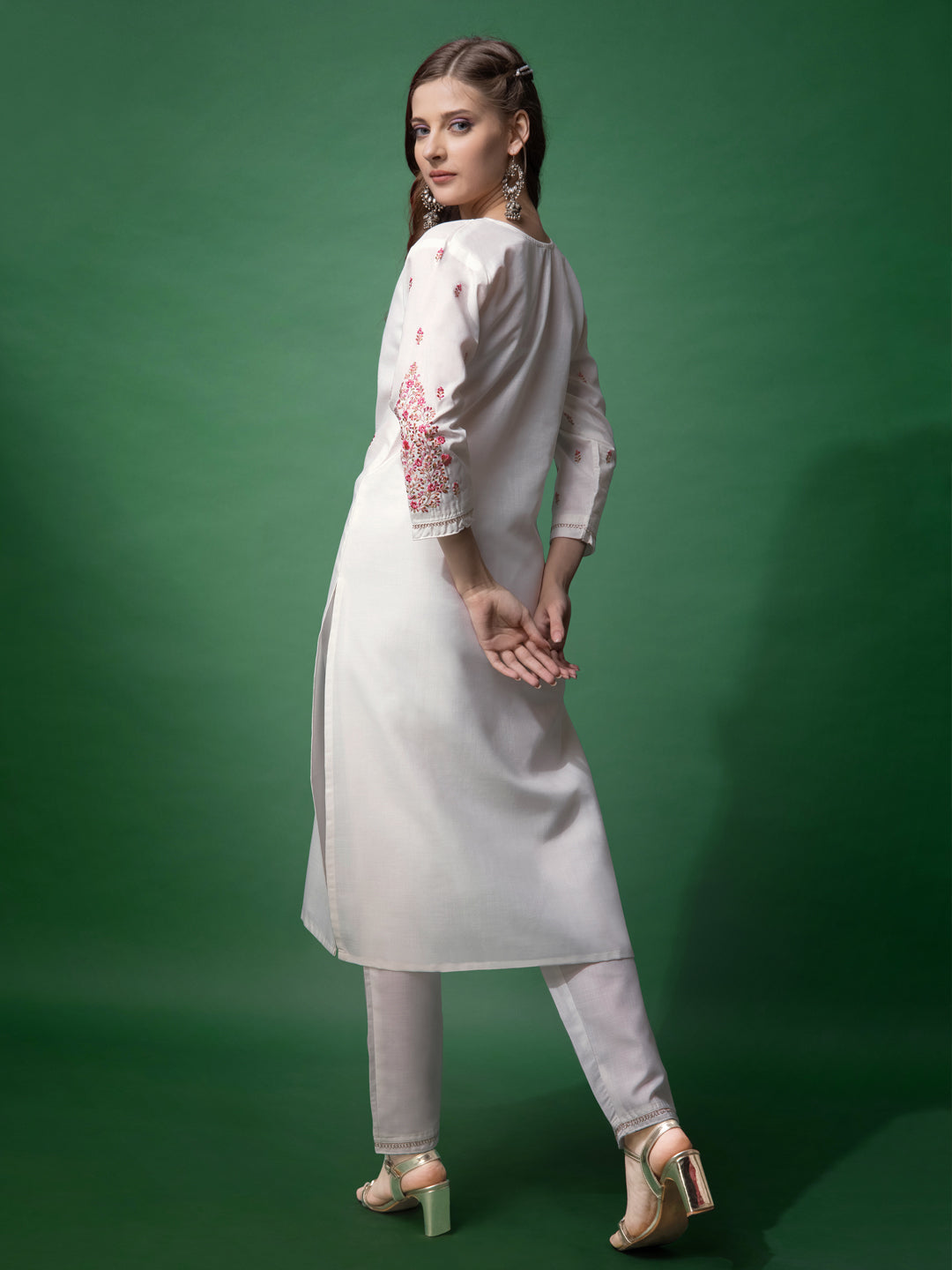 Embroidered White Cotton Kurta Pant Sets For Women