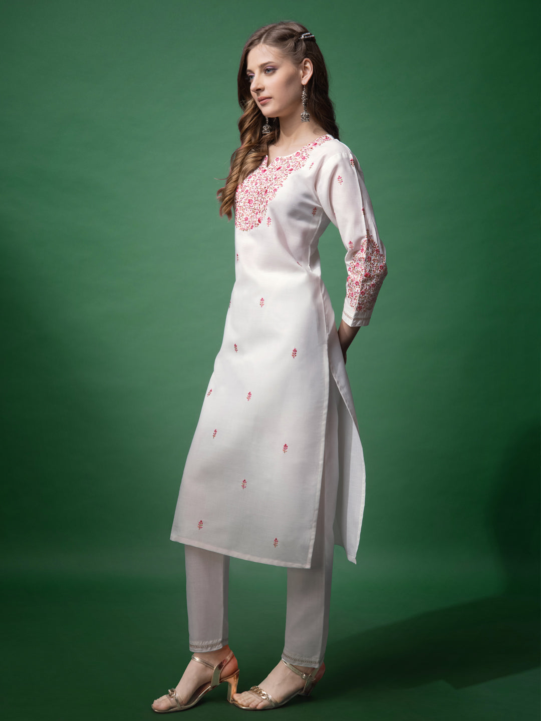 Embroidered White Cotton Kurta Pant Sets For Women