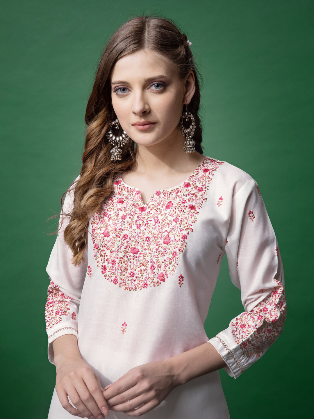 Embroidered White Cotton Kurta Pant Sets For Women