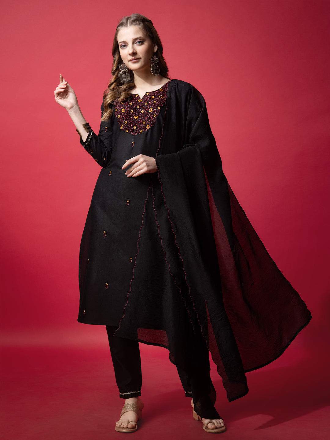 Embroidered Black Cotton Kurta Sets for Women