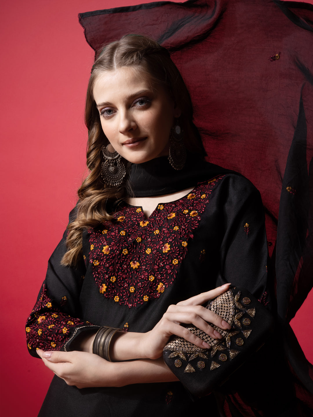 Embroidered Black Cotton Kurta Sets for Women