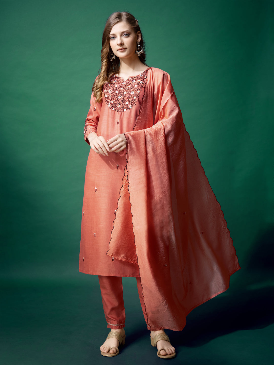 Embroidered Coral Cotton Kurti Pant Set with Dupatta for Women